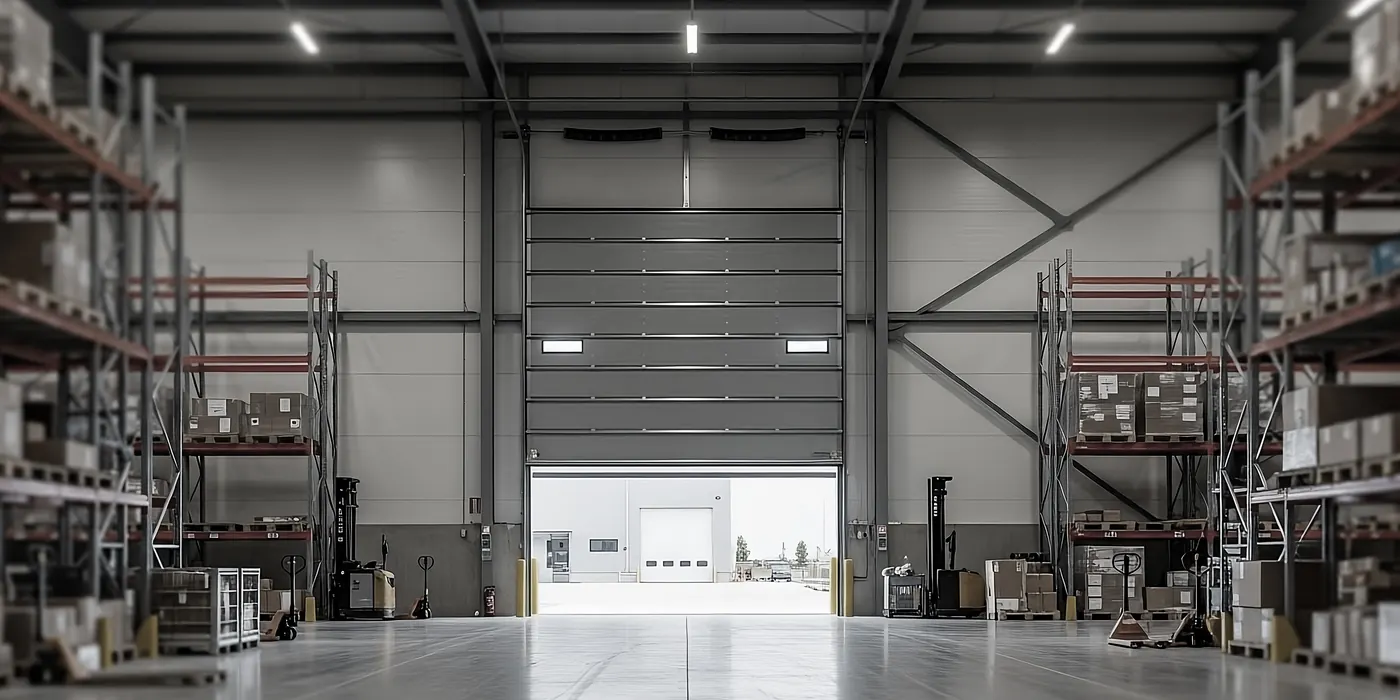 Wnętrze hali magazynowej z regałami wysokiego składowania